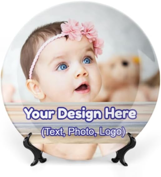 Generic Ceramic Round Decorative Plate, 6 Inch, Multicolor, Wall Display Dish with Stand, Customizable with Uploaded Image and Text