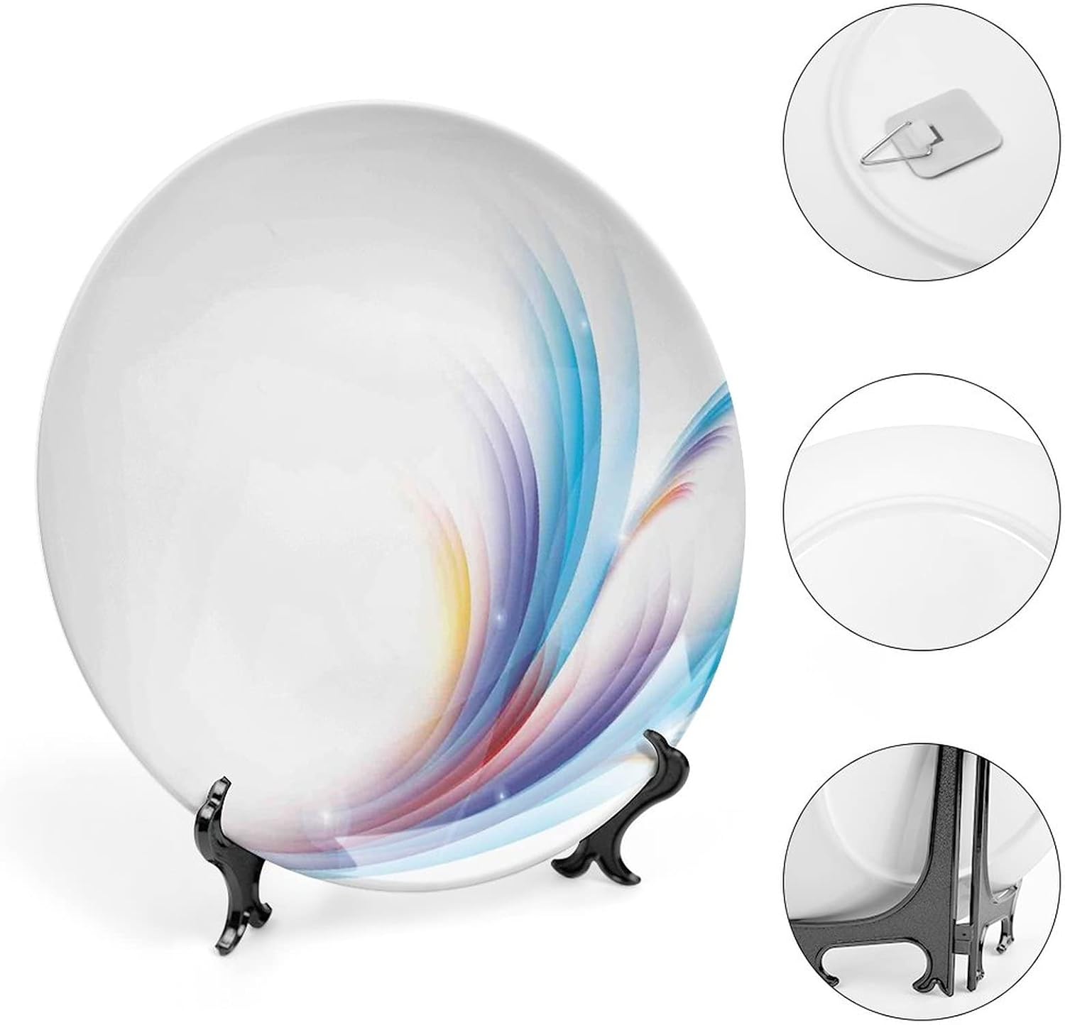 Ceramic Display Plate, Abstract Decor Ceramic Hanging Decorative Plate, Modern Rainbow like Wavy with Blank Pattern, 6 Inch, Living Room Kitchen Decoration Household, Blue Purple Orange and Red