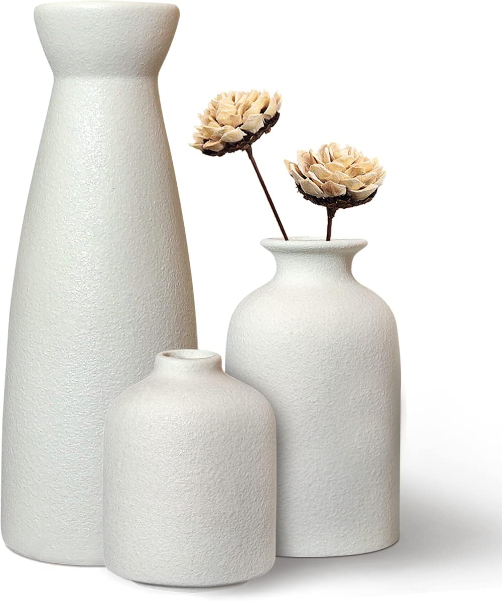 Ceramic Vases Set of 3-White Vase for Modern Home Decor, Flower Vases for Aesthetic Room Decor,Boho Decor Wedding Dinner Table Party Office Centerpiece Table Decorations (White 3 Set)