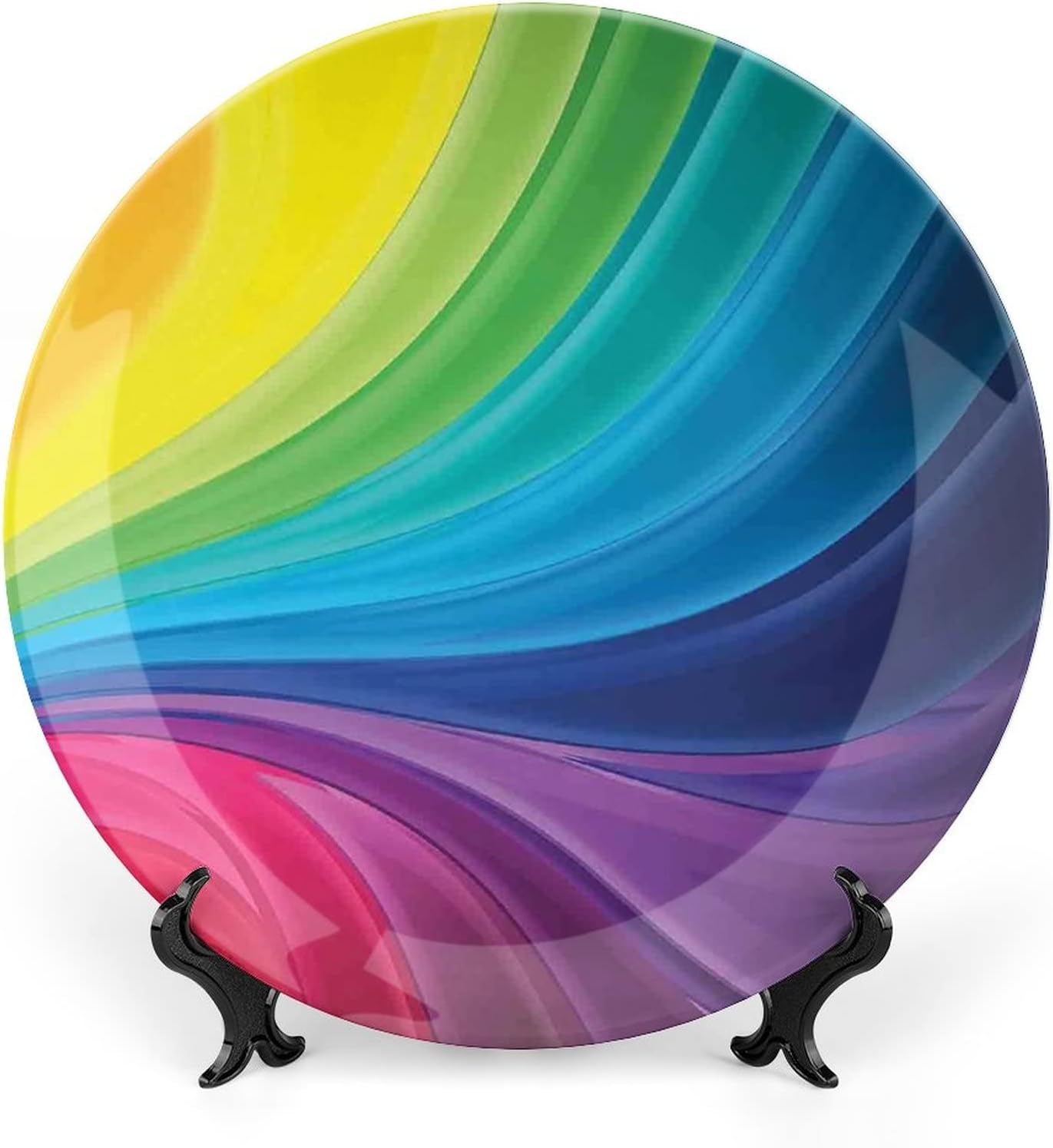 Ceramic Display Plate, Abstract Decor Ceramic Hanging Decorative Plate, Modern Rainbow like Wavy with Blank Pattern, 6 Inch, Living Room Kitchen Decoration Household, Blue Purple Orange and Red
