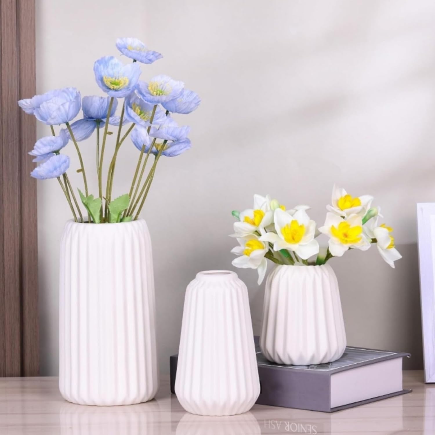 White Ceramic Vase Set of 3, Scandinavian Bohemian Style, for Modern Home Office Decoration Centerpiece, Dining Table, Entryway Decoration (White)