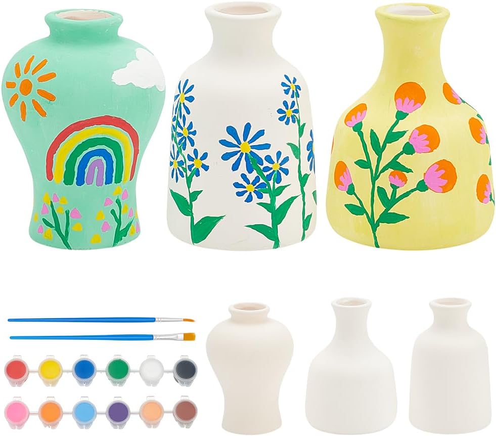 WEBEEDY 3 Styles Vase Pottery Painting Kit Paint Your Own Ceramic Pottery Unpainted Ceramic Flower Pots DIY Arts and Crafts Kit for Beginners Classroom Craft Project Fun Home Acticity