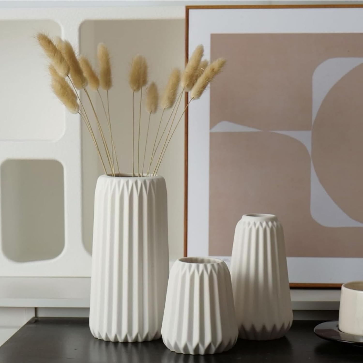 White Ceramic Vase Set of 3, Scandinavian Bohemian Style, for Modern Home Office Decoration Centerpiece, Dining Table, Entryway Decoration (White)