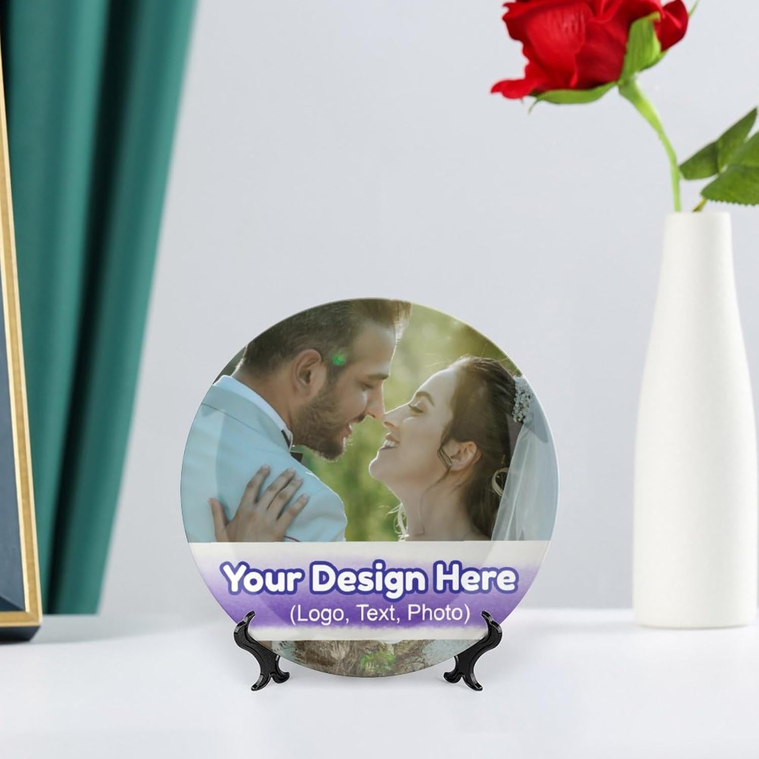 Generic Ceramic Round Decorative Plate, 6 Inch, Multicolor, Wall Display Dish with Stand, Customizable with Uploaded Image and Text