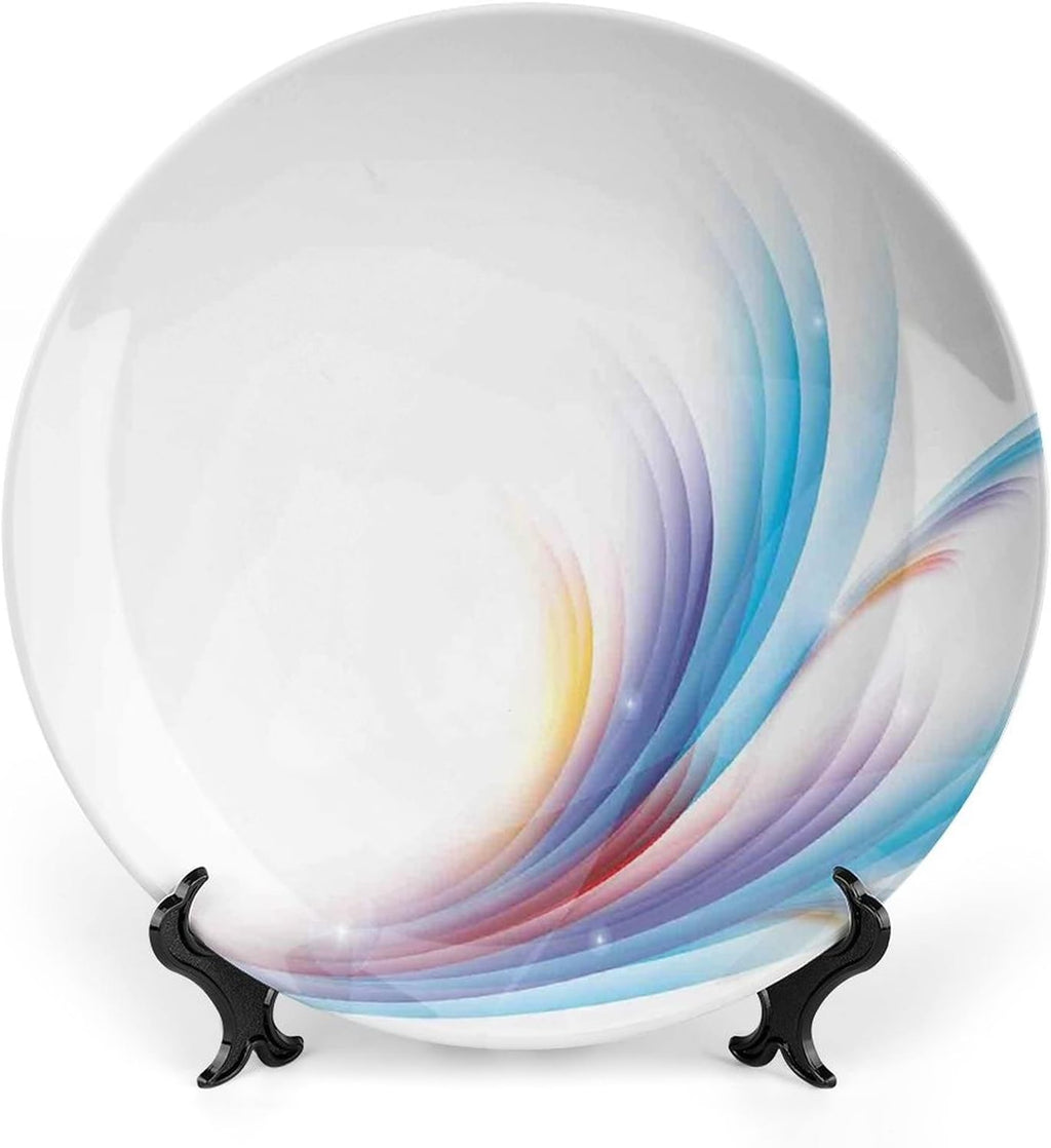 Ceramic Display Plate, Abstract Decor Ceramic Hanging Decorative Plate, Modern Rainbow like Wavy with Blank Pattern, 6 Inch, Living Room Kitchen Decoration Household, Blue Purple Orange and Red