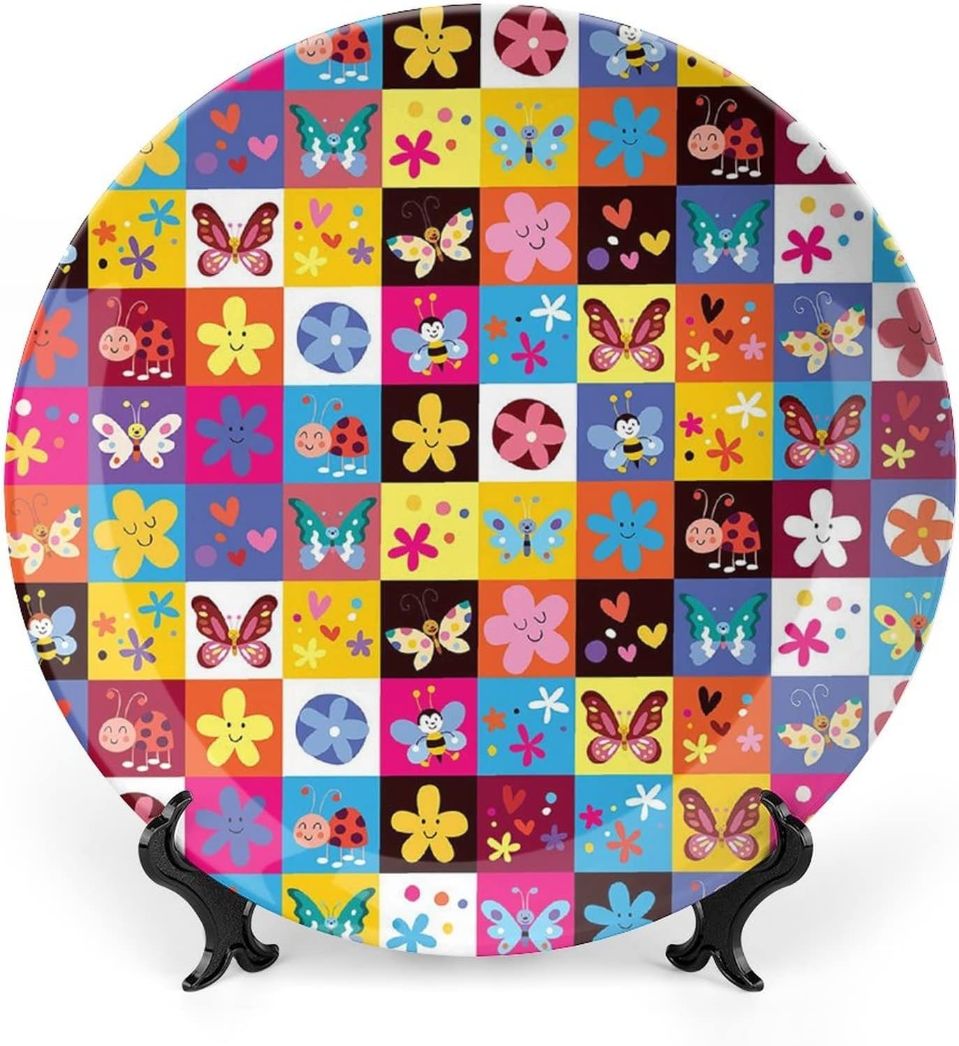 Ceramic Display Plate, Abstract Decor Ceramic Hanging Decorative Plate, Modern Rainbow like Wavy with Blank Pattern, 6 Inch, Living Room Kitchen Decoration Household, Blue Purple Orange and Red