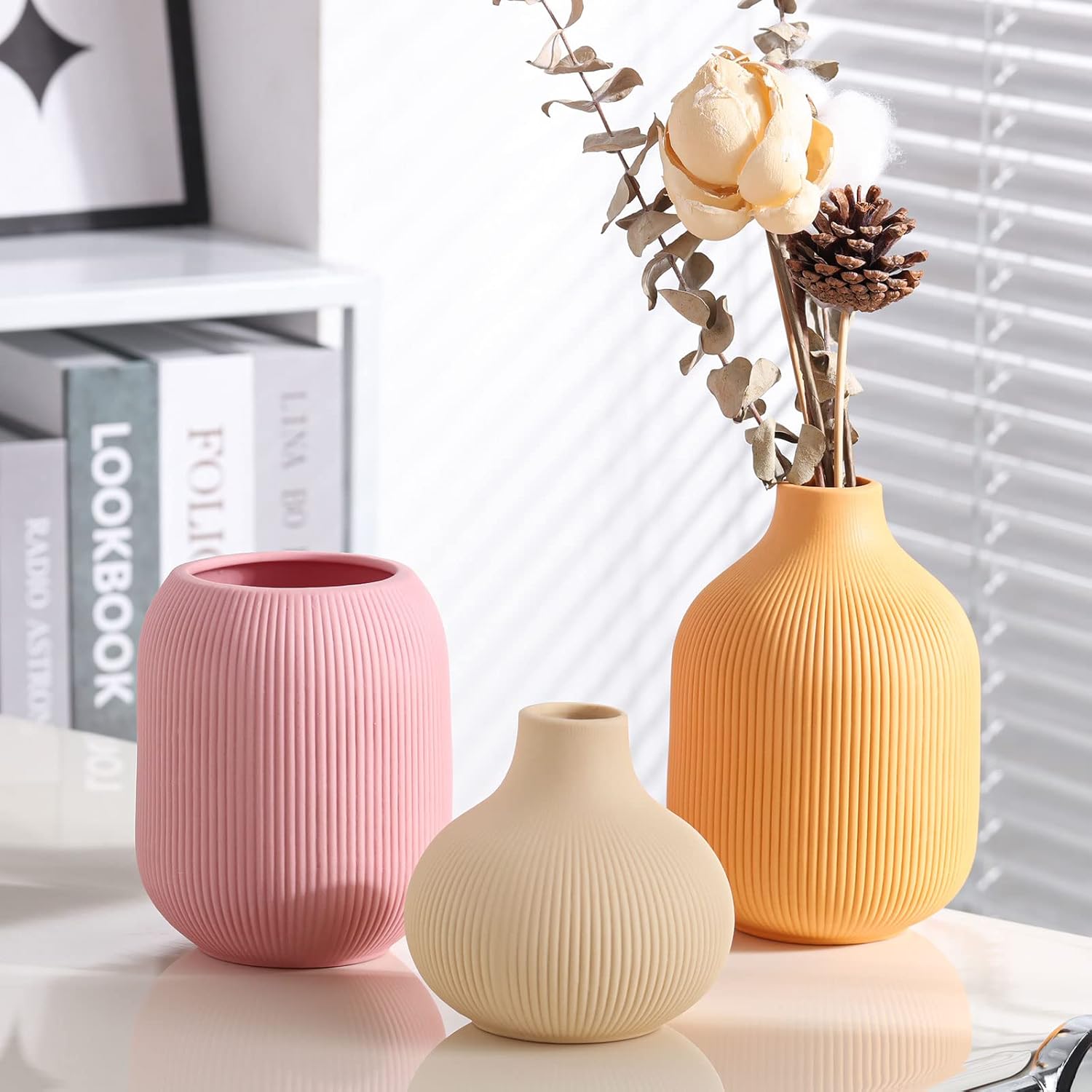 Ceramic Vase for Decor,Small Boho Vases Set for Home,Modern Minimalist Farmhouse Decoration,Decorative Bud Vases for Shelf Decor,Table, Bookshelf, Mantel and Entryway(Pink+Light Yellow+Orange)
