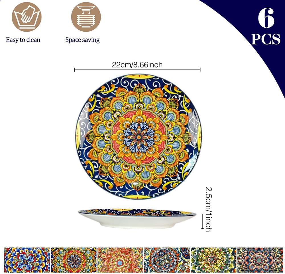 Dinner Plates 6 pcs,8.5 Inch Ceramic Plates, Microwave, Oven and Dishwasher Safe, Colorful Bohemian Style Dishes for Kitchen