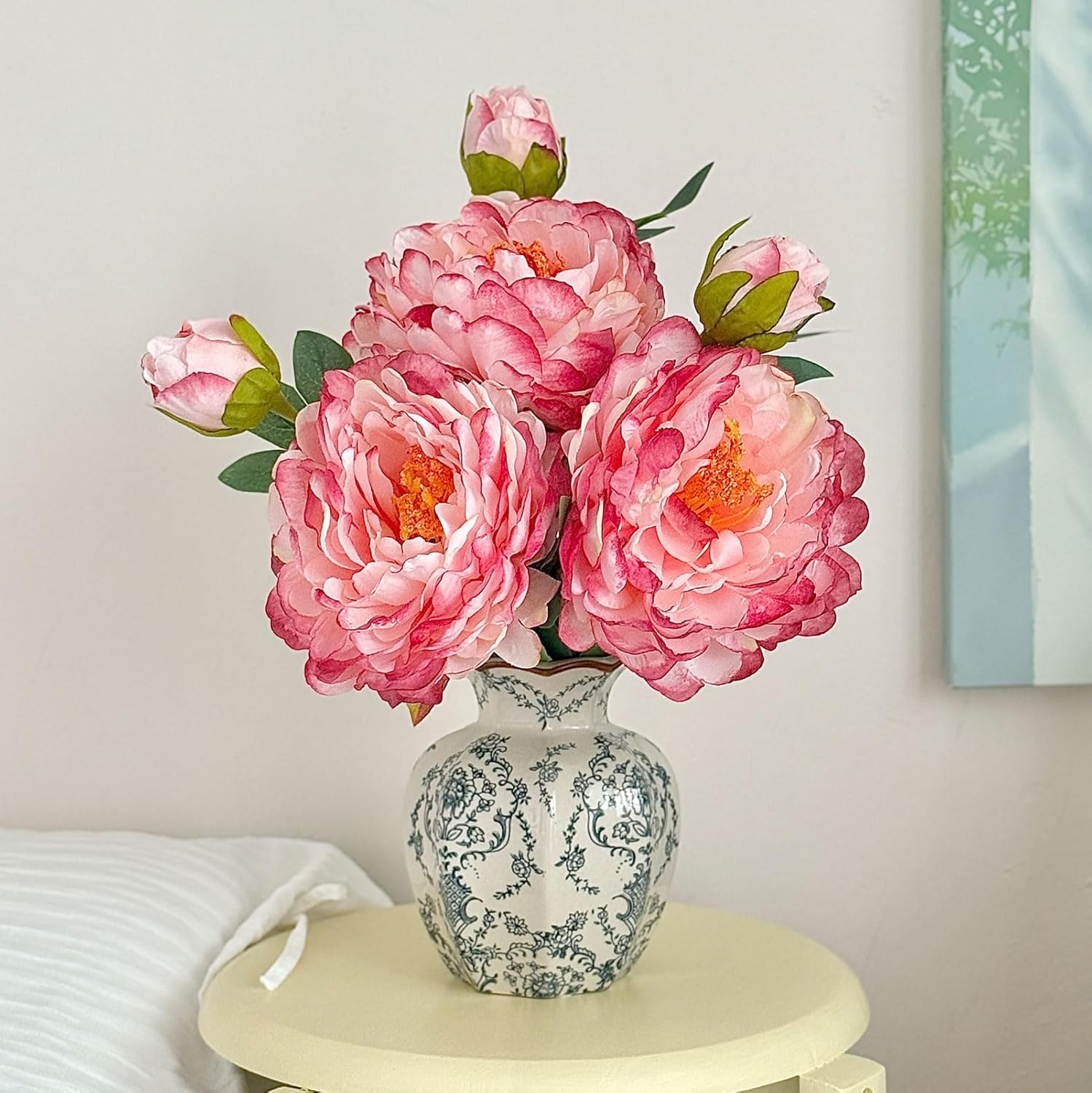 Vintage Ceramic Vase, Blue and White Porcelain Decorative Flower Vase for Centerpiece Living Room Table Shelf, Chinoiserie French Country Decor