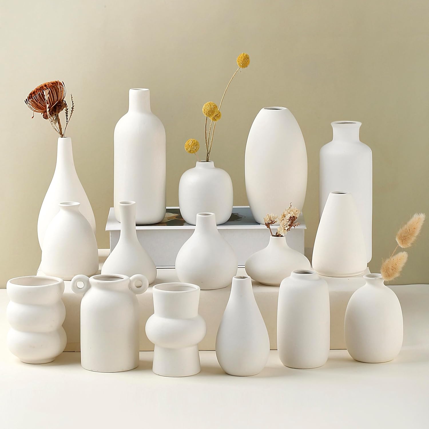 Set of 8 White Ceramic Bud Vases for Flowers, Pampas Grass Small Vases for Farmhouse Boho Decor, Decorative Vases for Centerpiece, Wedding Decoration, Home and Office, Room and Table Decor