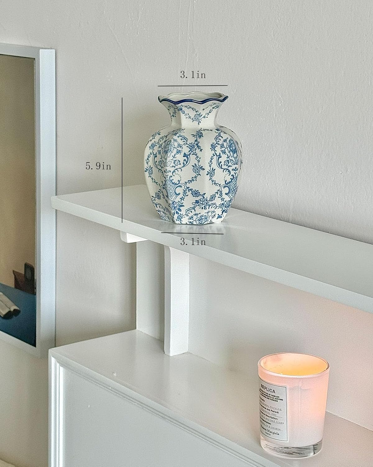 Vintage Ceramic Vase, Blue and White Porcelain Decorative Flower Vase for Centerpiece Living Room Table Shelf, Chinoiserie French Country Decor