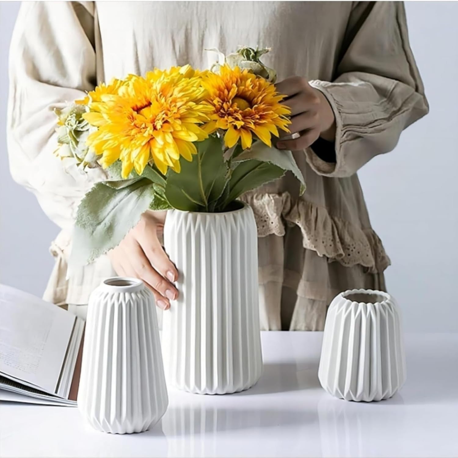 White Ceramic Vase Set of 3, Scandinavian Bohemian Style, for Modern Home Office Decoration Centerpiece, Dining Table, Entryway Decoration (White)