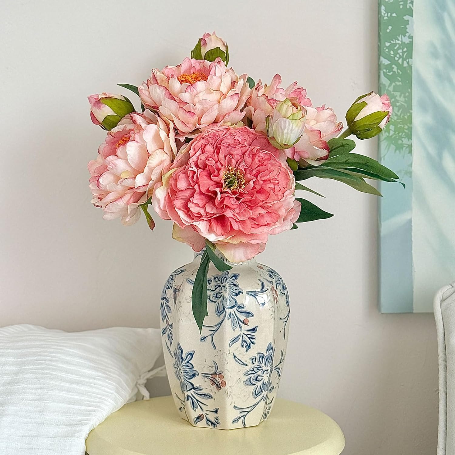 Vintage Ceramic Vase, Blue and White Porcelain Decorative Flower Vase for Centerpiece Living Room Table Shelf, Chinoiserie French Country Decor