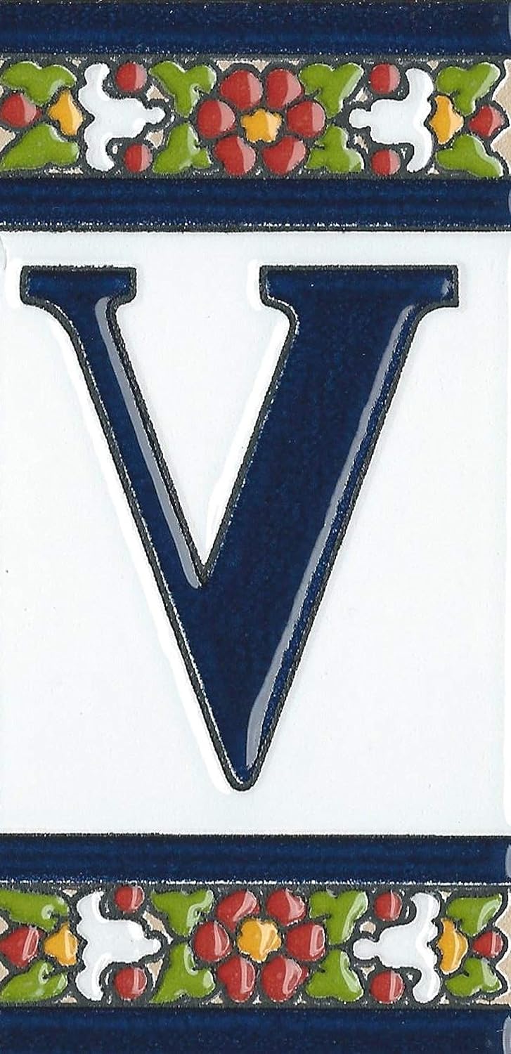 Spanish Floral Designed Ceramic Letter Tiles House Number Tiles and Frames (Letter V)