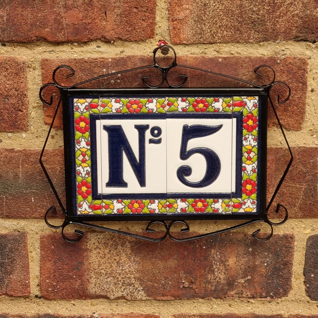 Spanish Floral Designed Ceramic Letter Tiles House Number Tiles and Frames (Letter V)